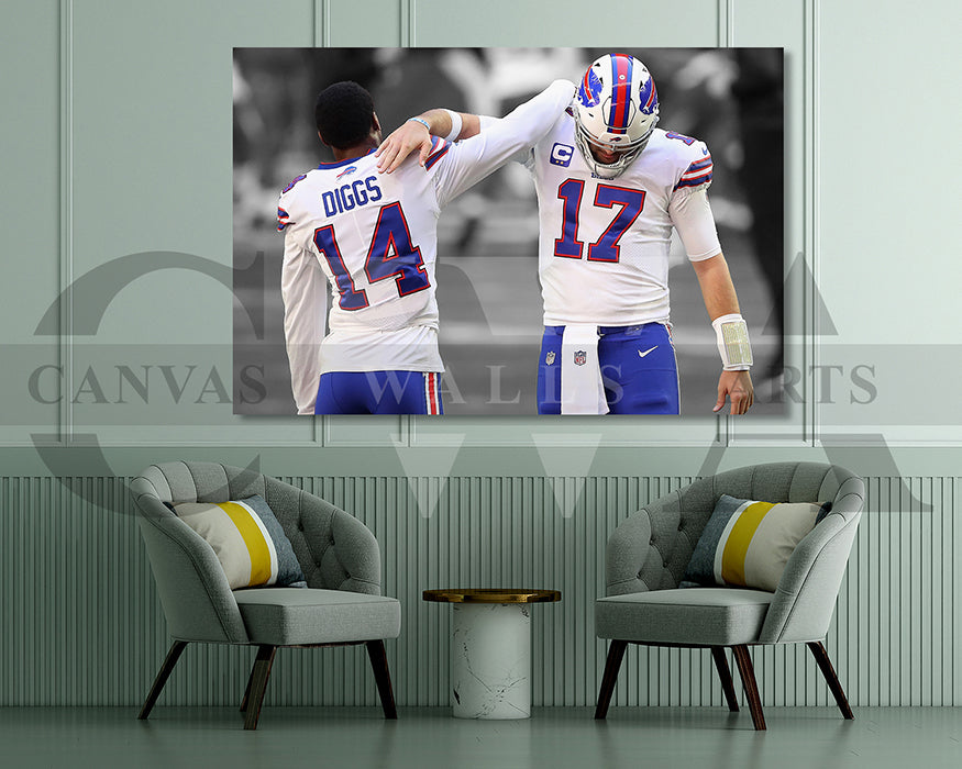 Josh Allen & Stefon Diggs Black & White Canvas Art American Football Canvas Wall Art