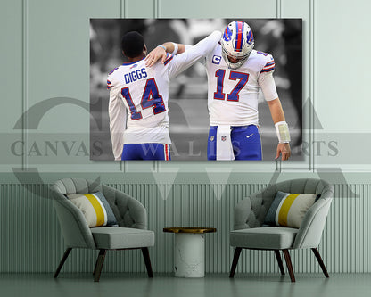 Josh Allen & Stefon Diggs Black & White Canvas Art American Football Canvas Wall Art
