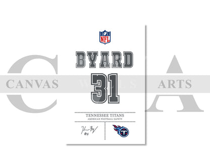 Kevin Byard III Jersey Canvas Wall Art NFL Jersey Poster Print Canvas Frame Ready To Hang