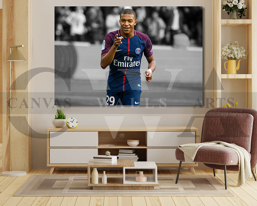 Kylian Mbappe Black & White Canvas Art Soccer Canvas Wall Art
