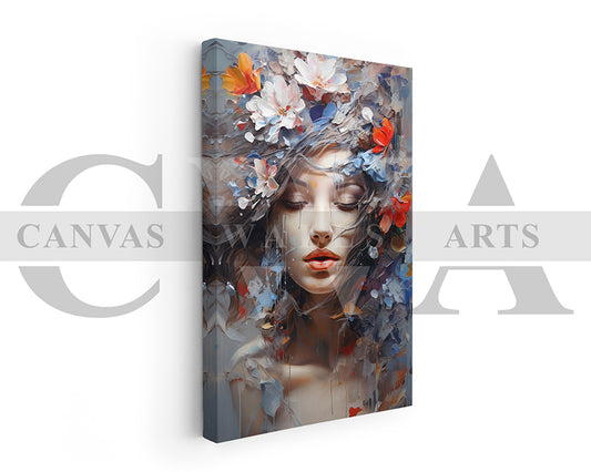 Painting of Beautiful Woman and Flowers Canvas Print