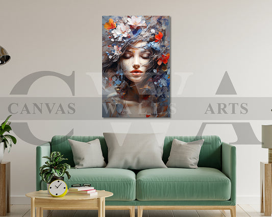 Painting of Beautiful Woman and Flowers Canvas Print