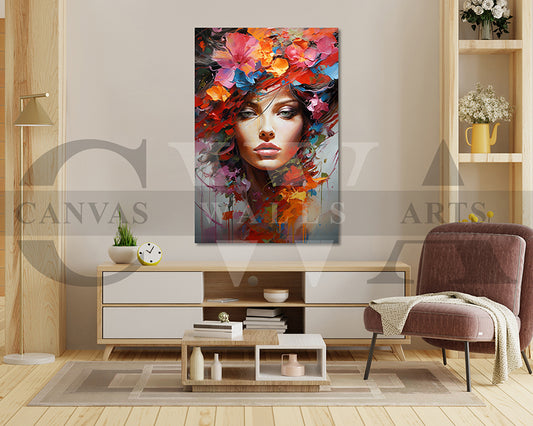 Painting of Beautiful Woman and Flowers Canvas Wall Art
