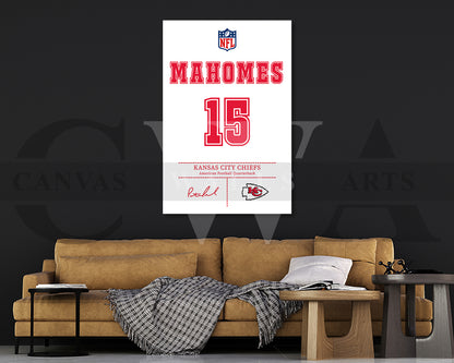 Patrick Mahomes Jersey Canvas Wall Art NFL Jersey Poster Print Sports Canvas Print