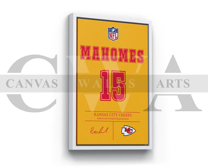 Patrick Mahomes Jersey Canvas Wall Art NFL Jersey Poster Print American Football Jersey Canvas Print