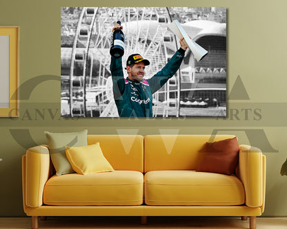 Sebastian Vettel Black & White Canvas Art F1 Canvas Wall Art