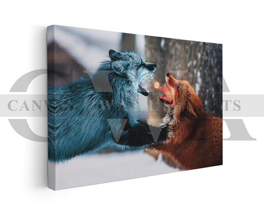Wolf Fight Fire vs. Ice Canvas Wall Art Animal Poster Print