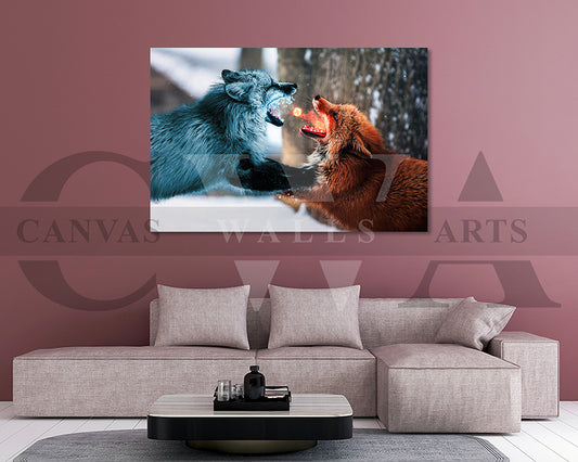 Wolf Fight Fire vs. Ice Canvas Wall Art Animal Poster Print