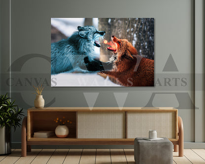 Wolf Fight Fire vs. Ice Canvas Wall Art Animal Poster Print