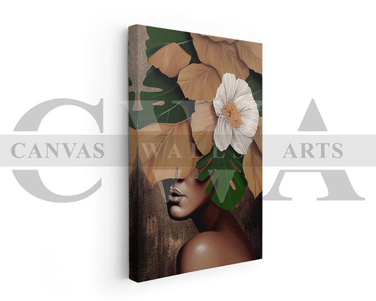 Woman Face Flowers and Leaves Canvas Wall Art
