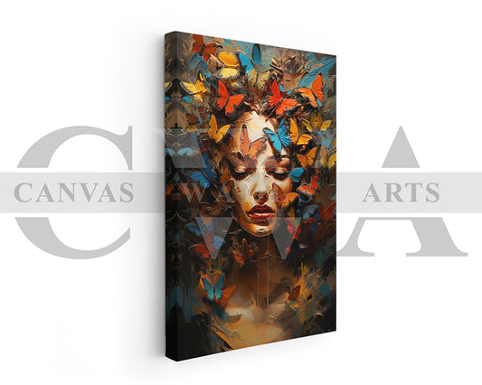 Woman Face With Butterfly Canvas Wall Art