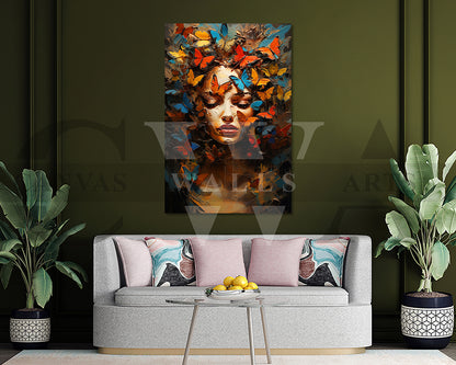 Woman Face With Butterfly Canvas Wall Art