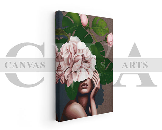 Woman Face With Flowers and Leaves Canvas Wall Art