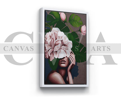 Woman Face With Flowers and Leaves Canvas Wall Art