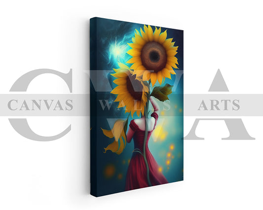 Woman Red Dress Holding Two Large Sunflowers Canvas Wall Art