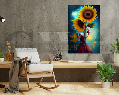 Woman Red Dress Holding Two Large Sunflowers Canvas Wall Art