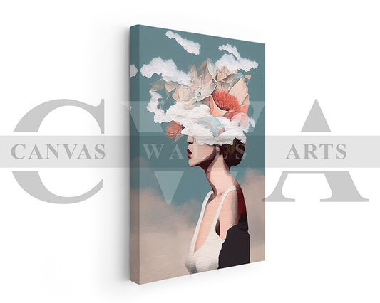 Woman With A Decorative Hat Against A Blue Sky Clouds Canvas Wall Art
