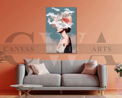 Woman With A Decorative Hat Against A Blue Sky Clouds Canvas Wall Art
