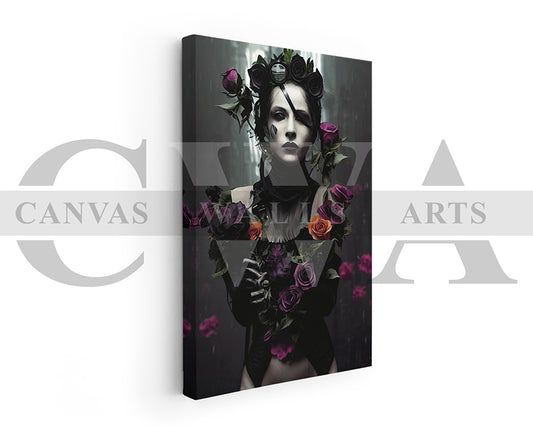 Woman With Flowers and Dark Makeup Canvas Wall Art