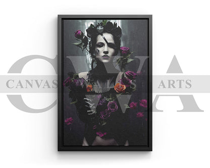 Woman With Flowers and Dark Makeup Canvas Wall Art