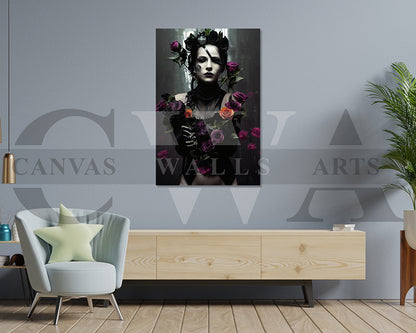 Woman With Flowers and Dark Makeup Canvas Wall Art