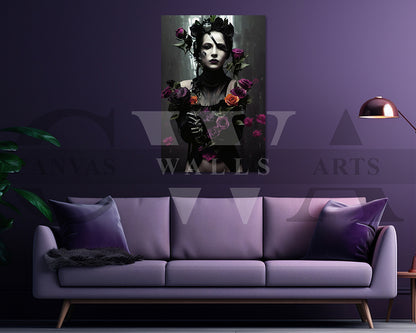 Woman With Flowers and Dark Makeup Canvas Wall Art