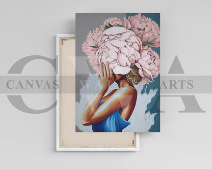 Woman With Pink Flowers Covering Her Face Canvas Wall Art