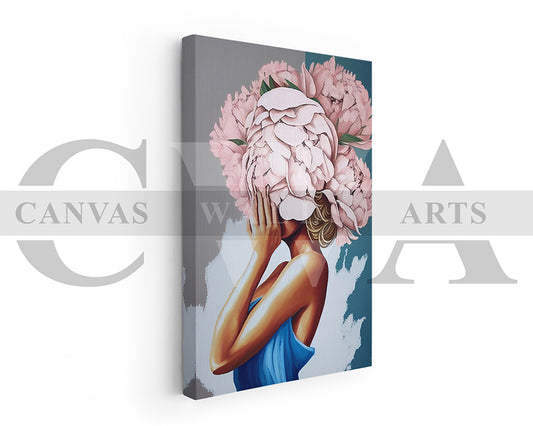 Woman With Pink Flowers Covering Her Face Canvas Wall Art