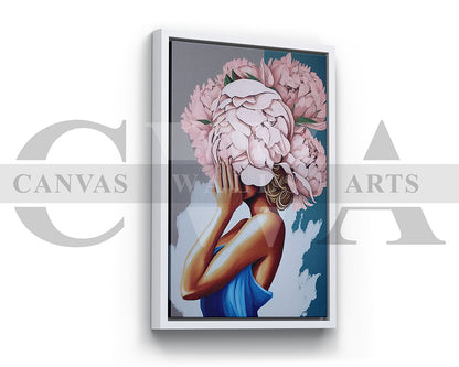Woman With Pink Flowers Covering Her Face Canvas Wall Art
