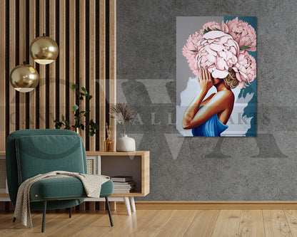 Woman With Pink Flowers Covering Her Face Canvas Wall Art