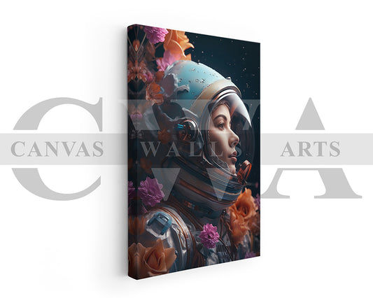 Astronaut Woman With Flowers Canvas Wall Art