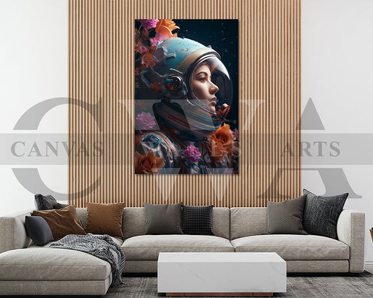 Astronaut Woman With Flowers Canvas Wall Art