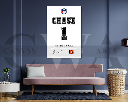 Ja'Marr Chase Canvas Wall Art NFL Jersey Poster Canvas Frame Ready To Hang